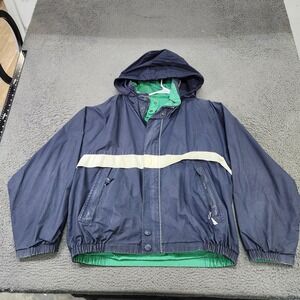 Nylon Windbreaker Jacket Mens XL Blue Hooded Full Zip Striped Lined Casual